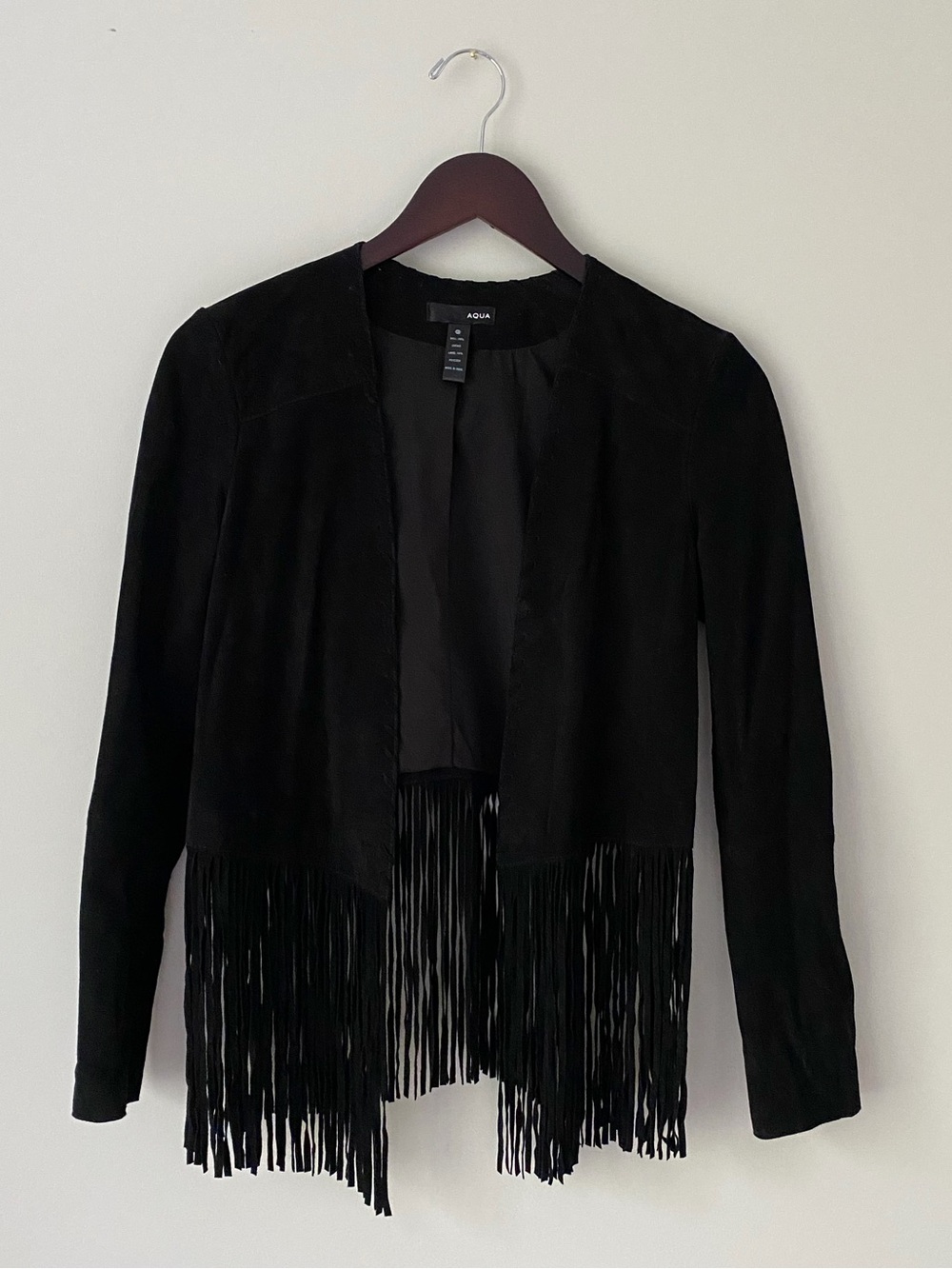 Aqua by Bloomingdale’s Black Suede Fringe Leather Jacket